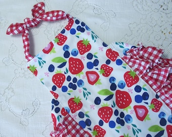 Berry Patch Bubble Romper - Strawberries - Berries - Blueberries - Red Gingham - Infant Toddler Child Sizes - Vintage-Style Sunsuit - Party