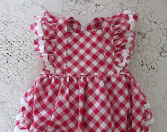 Red Gingham Eyelet Trim Romper - Infant Toddler Child Sizes - Summer Strawberries Baby Girl Outfit - Vintage-Style Bubble - Photo Prop