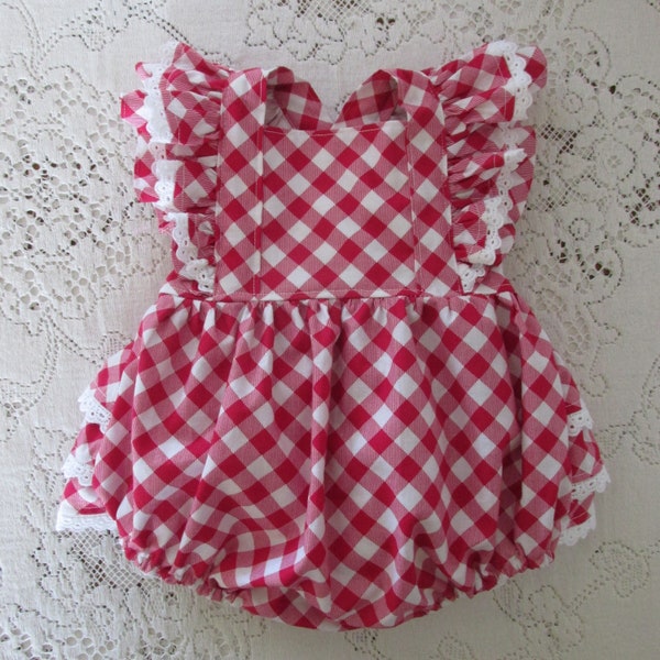 Red Gingham Eyelet Trim Romper - Infant Toddler Child Sizes - Summer Strawberries Baby Girl Outfit - Vintage-Style Bubble - Photo Prop