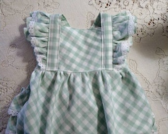 Green Gingham Eyelet Trim Romper - Infant Toddler Child Sizes - Mint Sage Checks Baby Girl Outfit - Vintage-Style Bubble - Photo Prop