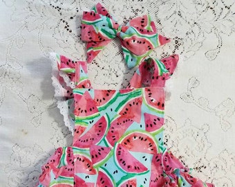 Watermelon Ruffled Bubble Romper - Eyelet Trim Ruffles -  Optional Pinwheel Bow - Melon Birthday Party - Vintage-Style Sunsuit - Playsuit