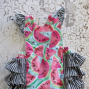 Watermelon Ruffled Bubble Romper - Sleeve and Size Options - Black & White Stripes - Melon Birthday Party - Vintage-Style Sunsuit - Playsuit