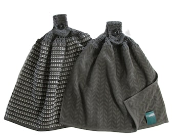 Juego de 2 toallas de mano de cocina de doble capa con parte superior de crochet gris, toallas para refrigerador, la mejor calidad, Hannahs Homestead2