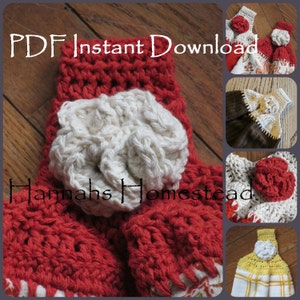 May include: A red and white crocheted dishcloth with a white crocheted flower. The dishcloth is made with a textured stitch and has a fringe border. The text "PDF Instant Download" and "Hannahs Homestead" is visible in the image.