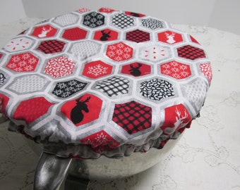 Kitchen Mixer Bowl Cover - Silver Red Black Deer & Snowflakes - Reversible Elastic Bowl Dust Cover - Black and Red Gingham Check Reverse