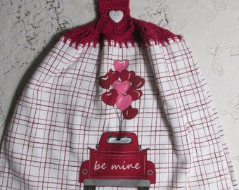 Be Mine Valentine's Day Red Truck & Hearts Kitchen Hand Towel - Red and Pink - Best Quality Crochet Top Hanging Towel Housewarming Gift