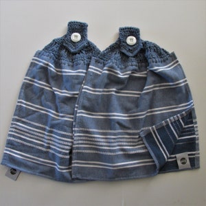 Chambray Blue & White Stripe Crochet Top Handtücher - 2-er Set Beste Qualität doppellagige Küchenhandtücher - Denim Blue - Mamas Geschenk -