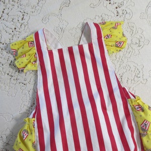 Circus Popcorn Ruffled Bubble Romper - Red & White Stripe - Yellow Pop Corn - Infant Toddler Child Sizes - Vintage-Style Sunsuit