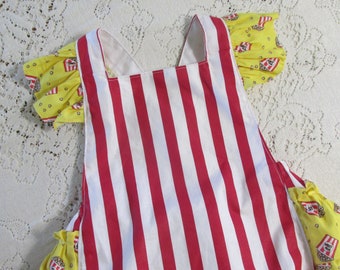 Circus Popcorn Ruffled Bubble Romper - Red & White Stripe - Yellow Pop Corn - Infant Toddler Child Sizes - Vintage-Style Sunsuit