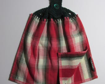 Green, Red & Cream Plaid Kitchen Towel - Double Layer Hanging Refrigerator Towel - Christmas - Best Quality Pine Green Crochet Top
