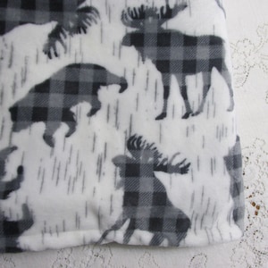 Ultra-Cuddle Fleece Buffalo Plaid Moose & Bear Blanket -Gray and White Hunting Lodge Rustic Lumberjack Gift - Baby Toddler Kids Adult Sizes