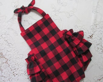 Buffalo Plaid Ruffled Bubble Romper - Red & Black Checks - Gingham - Infant Toddler Child Sizes - Vintage-Style Sunsuit - Photo Prop