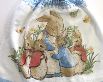 Storybook Bunnies Easter or Spring Hanging Kitchen Towel - Quality Luxury Double Layer Towel - English Cottage Garden