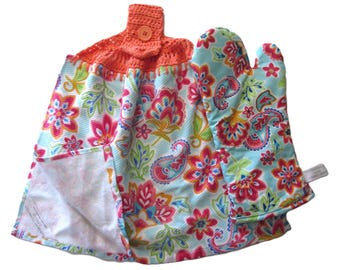 Set de regalo de cocina de 2 piezas: toalla de crochet, agarradera y guante para horno, estampado floral de cachemira en aguamarina y mango.