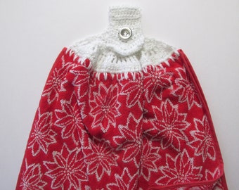 Red & White Poinsettias Luxury Kitchen Towel - Double Layer Hanging Refrigerator Towel - Christmas - Best Quality White Silver Crochet Top