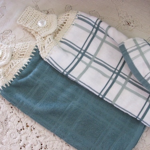 Aqua Blue Solid & Plaid Double Layer Crochet Top Küchenhandtücher, 2er-Set Beste Qualität hängende Kühlschrankhandtücher, Hannahs Homecreate2