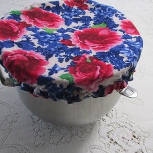 Kitchen Mixer Bowl Cover - Pioneer Woman Blue & Red Heritage Floral Roses - Reversible - Blue Floral Scroll OR Red Gingham Check Reverse