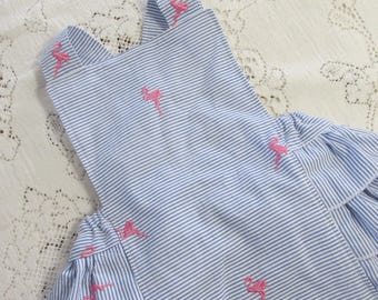 Flamingo Ruffled Bubble Romper - Ruffles - Optional Pinwheel Bow - Pink Embroidered Flamingoes - Vintage-Style Sunsuit - Playsuit
