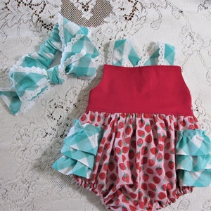 Berry Sweet Eyelet Ruffled Bubble - Strawberries - Aqua Gingham Ruffles - Infant Toddler Child Sizes - Vintage-Style Photo Prop