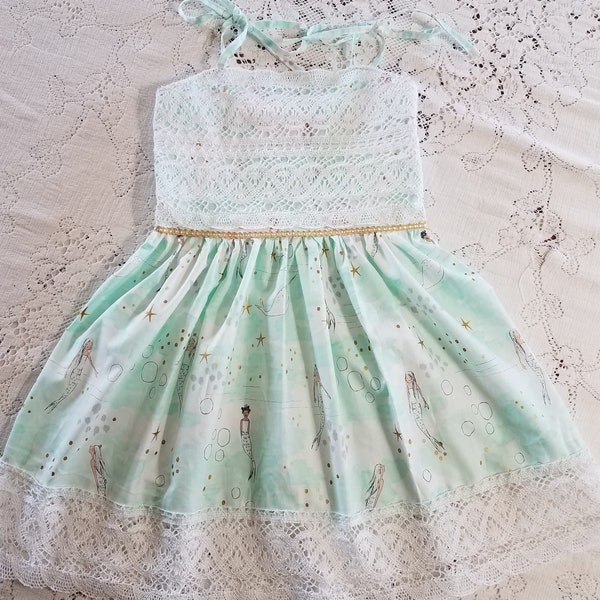 Mermaid Wishes Dress OR Romper - Baby Toddler & Girl Sizes - Out To sea - Beach Pictures - Ocean Seaside - Mint Gold Silver -  Lace Trim