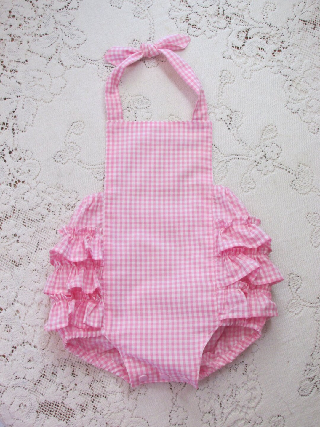 Round Neck 3/4 Bubble Sleeve Gingham Ruffle Romper