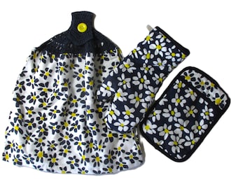 Set de regalo de cocina de 3 piezas: toalla de crochet, agarradera y guante para horno, estampado floral azul marino