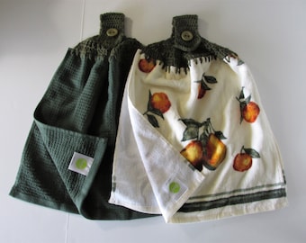 Set of 2 Pear Oil Painting Kitchen Towels - Crochet Top - Dark Green Refrigerator Towels - Best Quality - Hannahs Homestead2