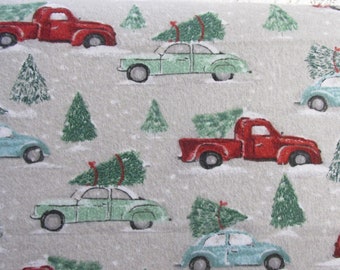 Bringing Home the Christmas Tree Snuggle Flannel - Vintage Truck & Car - Holiday - Fabric By The Half Yard