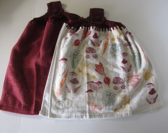 Set of 2 Earth's Bounty Veggies & Fungi Kitchen Towels - Crochet Top - Burgundy Refrigerator Towels - Best Quality - Hannahs Homestead2