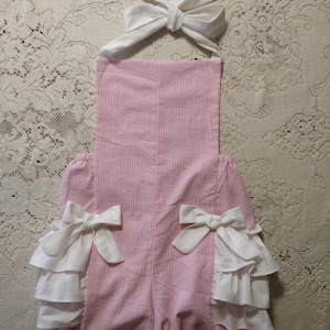 Pink & White Seersucker Ruffled Bubble Romper with Bows - Ruffles - Optional Headwrap -  Party - Vintage-Style Sunsuit - Playsuit -