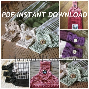 May include: A collage of images showing different crocheted kitchen towel designs. The designs include a red and white towel with a crocheted flower, a green and white towel with a crocheted flower, a purple towel with a crocheted flower, and a black and white towel with a crocheted flower. The text "PDF INSTANT DOWNLOAD" is visible in the top center of the image.