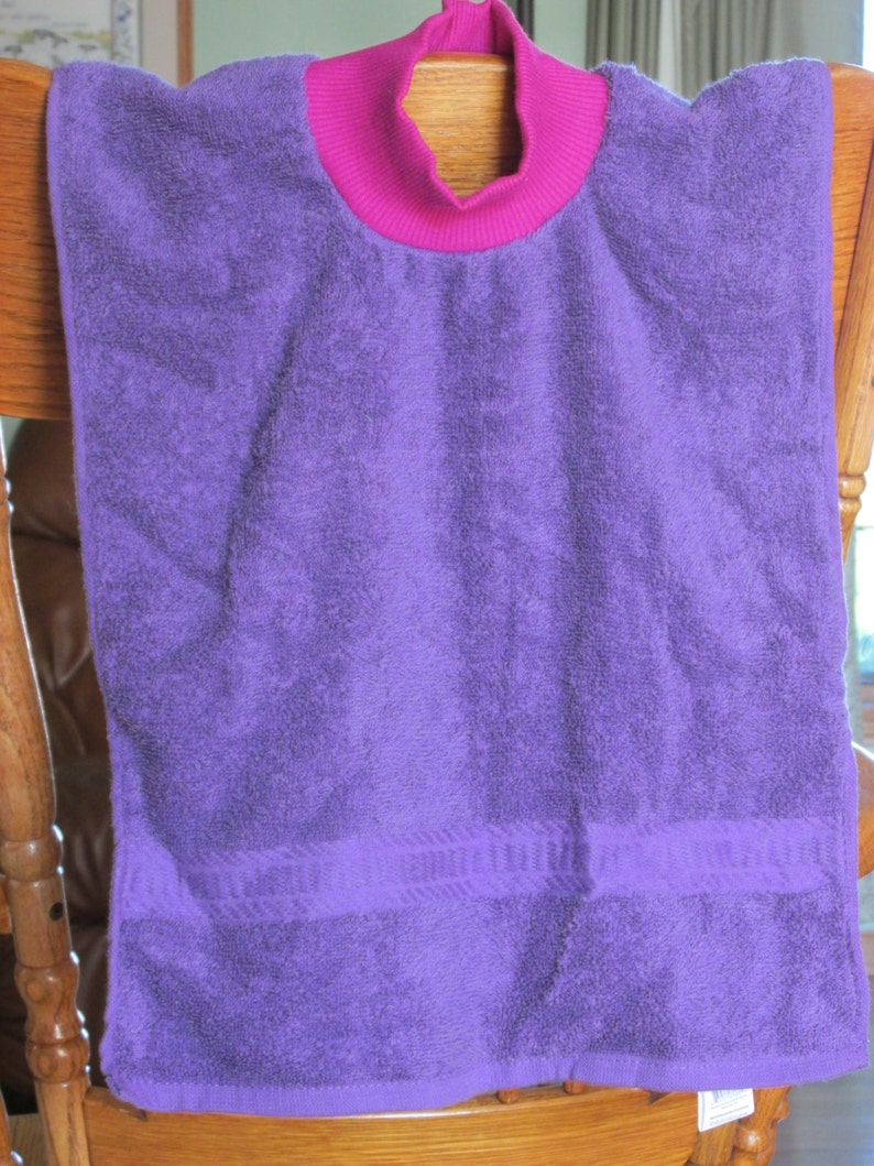 Towel Bib with Neck Ribbing Choice of Colors: Purple Pink White Teal Gray Blue Green Brown Black Gray Stripes Dk Blue Hannahs Homestead2 image 3