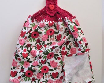 Roses & Hearts Floral Hanging Towel - Rose Red Crochet Top Double Layer Hanging Refrigerator Towel  - Best Quality Mom's Gift