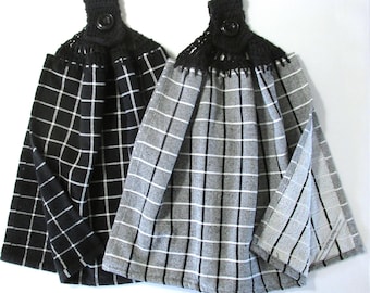 Juego de 2 toallas de mano de cocina de doble capa con diseño de cuadros negros y parte superior de crochet: toallas para refrigerador, la mejor calidad, Hannahs Homestead2