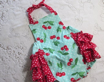 Mint Cherry Ruffled Bubble Romper - Cherries - Green - Polka Dots - Red Ruffles - Infant Toddler Child Sizes - Vintage-Style Sunsuit