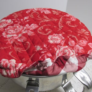 Kitchen Mixer Bowl Cover - Red Roses - Reversible Elastic Bowl Dust Cover - Red Farmhouse Check Reverse - Red & White
