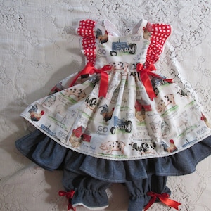 Farm Birthday Party Dress - Baby Toddler and Girl sizes - Blue & Red - Handmade - Cow Pig Chicken Sheep Dress - Tractor- Red Gingham