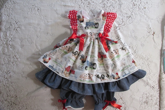 farm party dress Farm Birthday Party Dress - Baby Toddler and Girl Sizes - Blue & Red -  Handmade - Cow Pig Chicken Sheep Dress - Tractor- Red Gingham