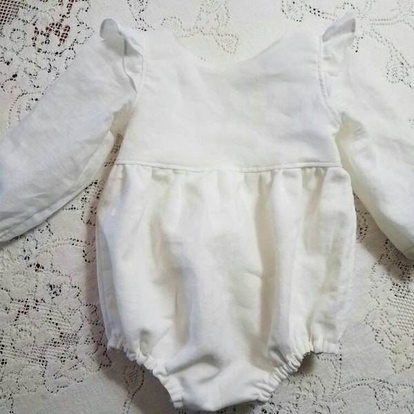 Long Sleeve Linen-blend Romper in Eggshell- Infant Toddler Child Sizes - Christmas - Baptism Christening - Vintage-Style Bubble - Photo Prop