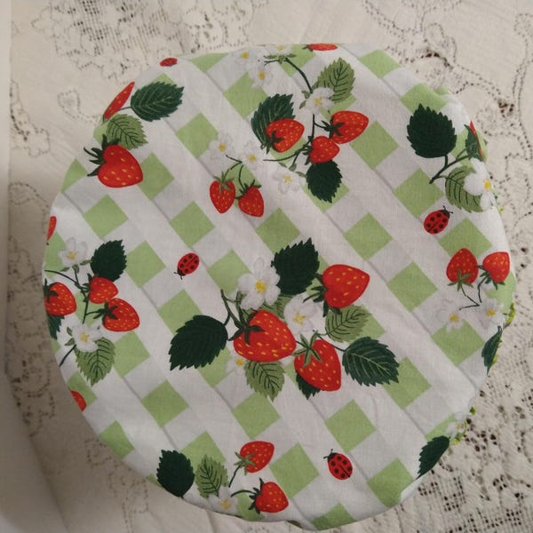 Reversible Kitchen Mixer Bowl Cover - Green Gingham Strawberries - Strawberry - Berries - Reversible Elastic - Renewable
