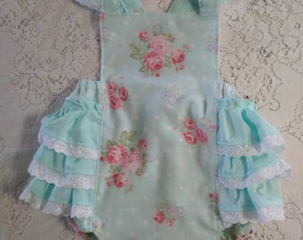 Aqua Floral & Dots Ruffled Bubble Romper - Infant Toddler Child Sizes - Vintage-Style Eyelet Ruffled Sunsuit - Photo Prop - Baby Gift
