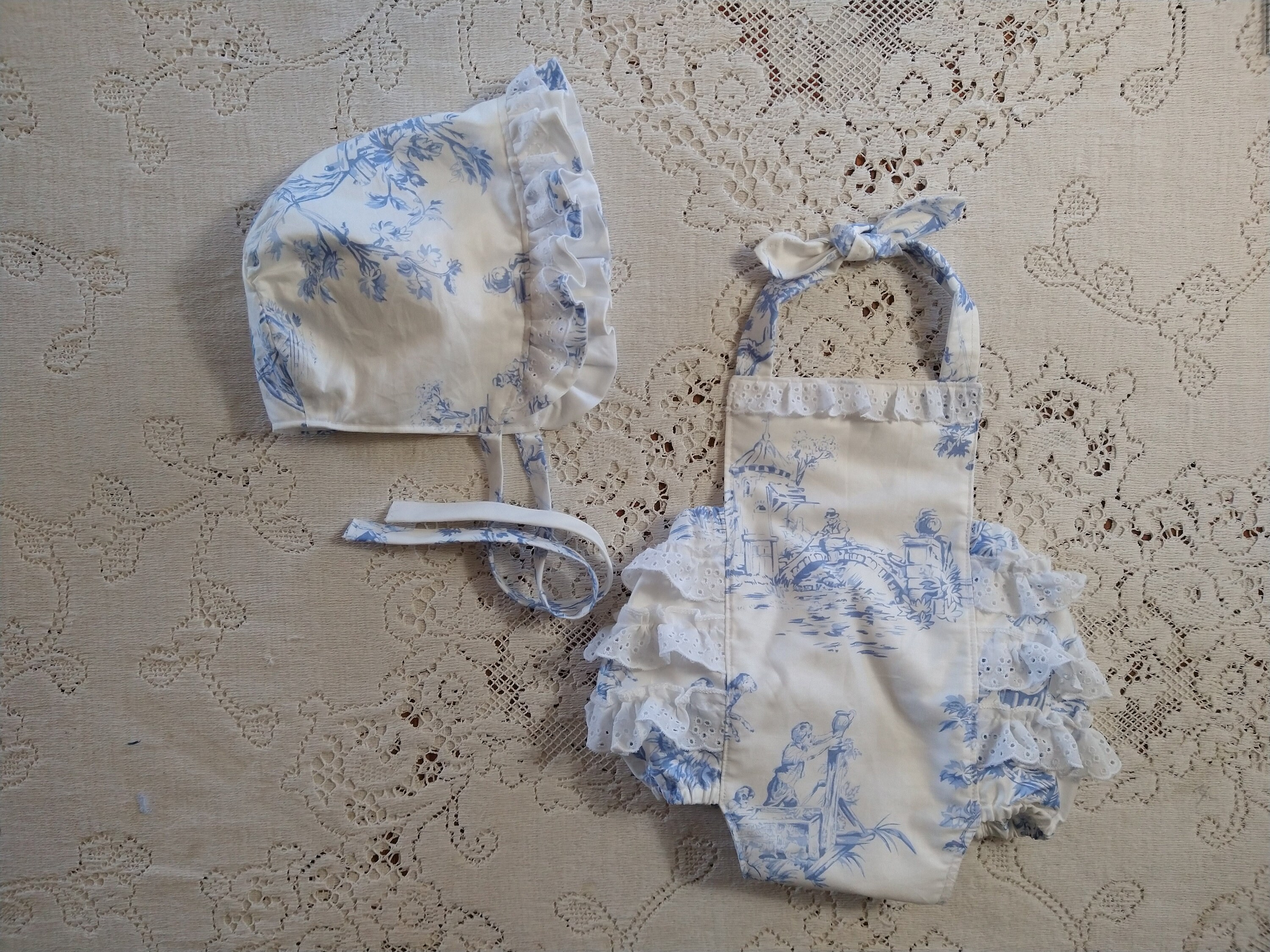 Blue Toile Ruffled Bubble Romper - Pink Toile - Eyelet Trim Ruffles - Optional Bonnet - Tea Party Birthday - Vintage-Style Sunsuit Playsuit