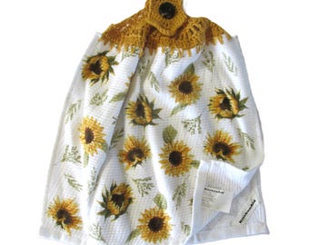 Fall Sunflowers Hanging Kitchen Towel - Best Quality Double Layer Mustard Crochet Top Towel