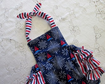 Fourth Of July Red White & Blue Ruffled Bubble Romper - Patriotic - Sailboats - Fireworks - Stripes - Infant Toddler Child - Sunsuit