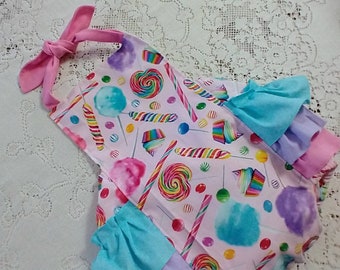 Sweet Treats Ruffled Bubble Romper - Candy Cotton Candy - Pink Blue Purple Ruffles - Infant Toddler Child - Vintage-Style Sunsuit Photo Prop
