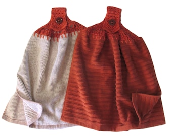 2 toallas de mano de cocina de doble capa color naranja óxido con parte superior de ganchillo