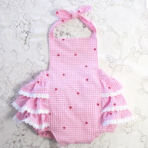 Embroidered Hearts Pink Gingham Ruffled Bubble Romper - Size Options - Birthday Cake Smash Vintage-Style Sunsuit Playsuit -Optional Headband
