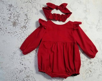 Long Sleeve Dark Red Holiday Romper - Infant Toddler Child Sizes - Christmas - Vintage-Style Bubble - Photo Prop