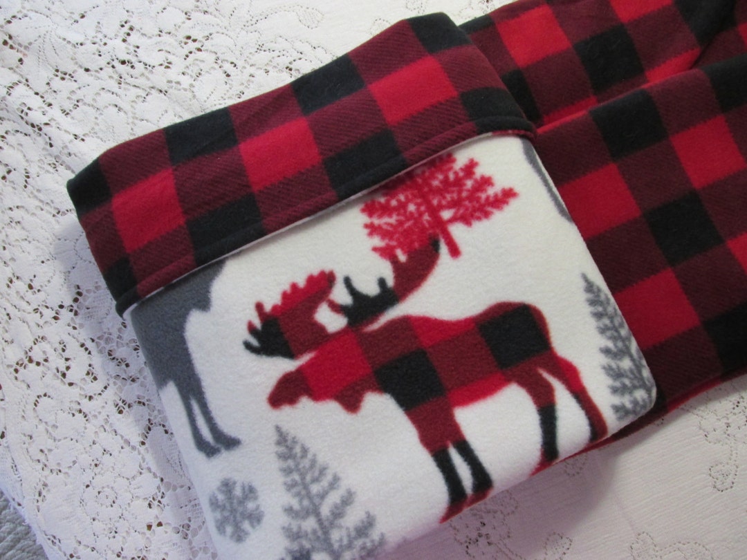 Plaid Moose Fleece Blanket W/ Buffalo Plaid Fleece Backing Red & Black