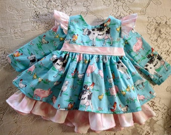 Farm Birthday Party Dress - Baby Toddler and Girl sizes - Blue & Pink - Sleeve Options - Handmade - Cow Pig Chicken Sheep Dress